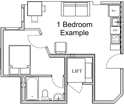 A floor plan of a one bedroom apartment.